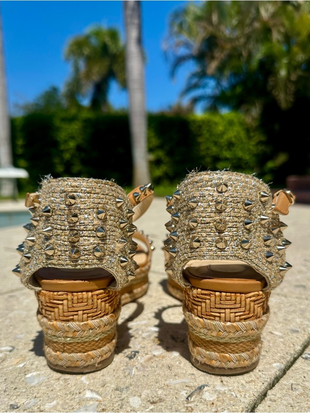 Christian Louboutin Tan Studded Espadrille Wedge Sandals 39 - Picture 3 of 11